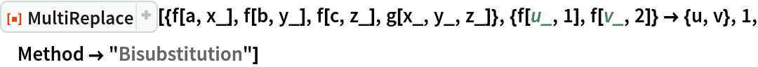 ResourceFunction["MultiReplace", ResourceVersion->"2.2.0"][{f[a, x_], f[b, y_], f[c, z_], g[x_, y_, z_]}, {f[u_, 1], f[v_, 2]} -> {u, v}, 1, Method -> "Bisubstitution"]