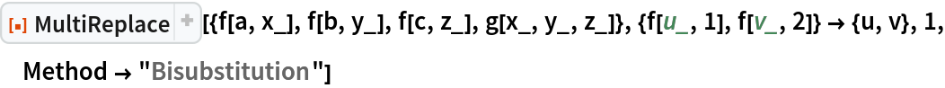 ResourceFunction["MultiReplace", ResourceVersion->"2.2.2"][{f[a, x_], f[b, y_], f[c, z_], g[x_, y_, z_]}, {f[u_, 1], f[v_, 2]} -> {u, v}, 1, Method -> "Bisubstitution"]