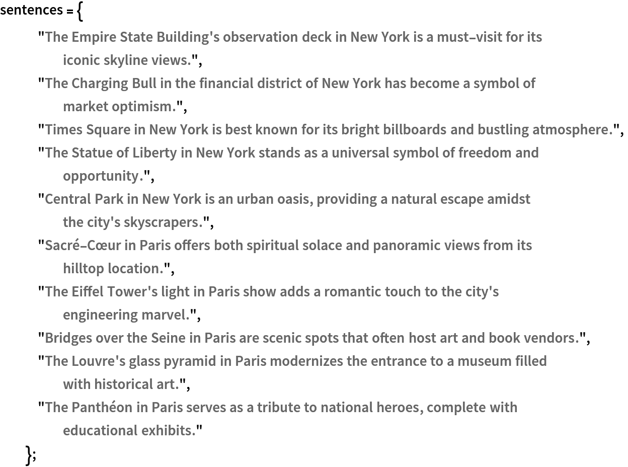 sentences = {
   "The Empire State Building's observation deck in New York is a must-visit for its iconic skyline views.",
   "The Charging Bull in the financial district of New York has become a symbol of market optimism.",
   "Times Square in New York is best known for its bright billboards and bustling atmosphere.",
   "The Statue of Liberty in New York stands as a universal symbol of freedom and opportunity.",
   "Central Park in New York is an urban oasis, providing a natural escape amidst the city's skyscrapers.",
   "Sacré-Cœur in Paris offers both spiritual solace and panoramic views from its hilltop location.",
   "The Eiffel Tower's light in Paris show adds a romantic touch to the city's engineering marvel.",
   "Bridges over the Seine in Paris are scenic spots that often host art and book vendors.",
   "The Louvre's glass pyramid in Paris modernizes the entrance to a museum filled with historical art.",
   "The Panthéon in Paris serves as a tribute to national heroes, complete with educational exhibits."
   };