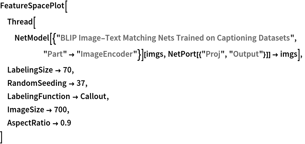 FeatureSpacePlot[
 Thread[NetModel[{"BLIP Image-Text Matching Nets Trained on Captioning Datasets", "Part" -> "ImageEncoder"}][imgs, NetPort[{"Proj", "Output"}]] -> imgs],
 LabelingSize -> 70,
 RandomSeeding -> 37,
 LabelingFunction -> Callout,
 ImageSize -> 700,
 AspectRatio -> 0.9
 ]