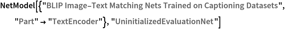 NetModel[{"BLIP Image-Text Matching Nets Trained on Captioning Datasets", "Part" -> "TextEncoder"}, "UninitializedEvaluationNet"]