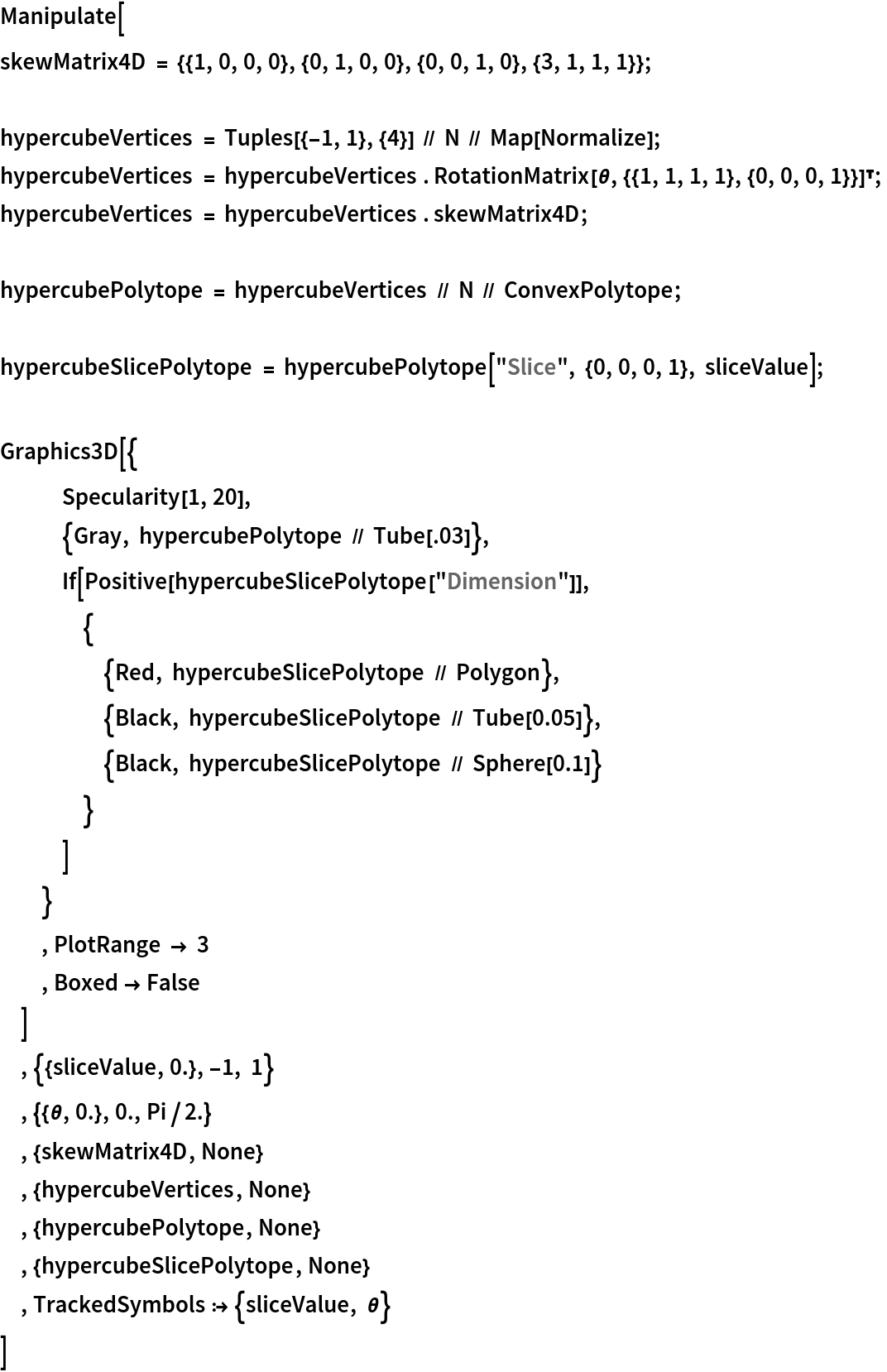 Manipulate[
 skewMatrix4D = {{1, 0, 0, 0}, {0, 1, 0, 0}, {0, 0, 1, 0}, {3, 1, 1, 1}}; hypercubeVertices = Tuples[{-1, 1}, {4}] // N // Map[Normalize];
 hypercubeVertices = hypercubeVertices . RotationMatrix[\[Theta], {{1, 1, 1, 1}, {0, 0, 0, 1}}]\[Transpose];
 hypercubeVertices = hypercubeVertices . skewMatrix4D; hypercubePolytope = hypercubeVertices // N // ConvexPolytope; hypercubeSlicePolytope = hypercubePolytope["Slice", {0, 0, 0, 1}, sliceValue]; Graphics3D[{
   Specularity[1, 20],
   {Gray, hypercubePolytope // Tube[.03]},
   If[Positive[hypercubeSlicePolytope["Dimension"]],
    {
     {Red, hypercubeSlicePolytope // Polygon},
     {Black, hypercubeSlicePolytope // Tube[0.05]},
     {Black, hypercubeSlicePolytope // Sphere[0.1]}
     }
    ]
   }
  , PlotRange -> 3
  , Boxed -> False
  ]
 , {{sliceValue, 0.}, -1, 1}
 , {{\[Theta], 0.}, 0., Pi/2.}
 , {skewMatrix4D, None}
 , {hypercubeVertices, None}
 , {hypercubePolytope, None}
 , {hypercubeSlicePolytope, None}
 , TrackedSymbols :> {sliceValue, \[Theta]}
 ]