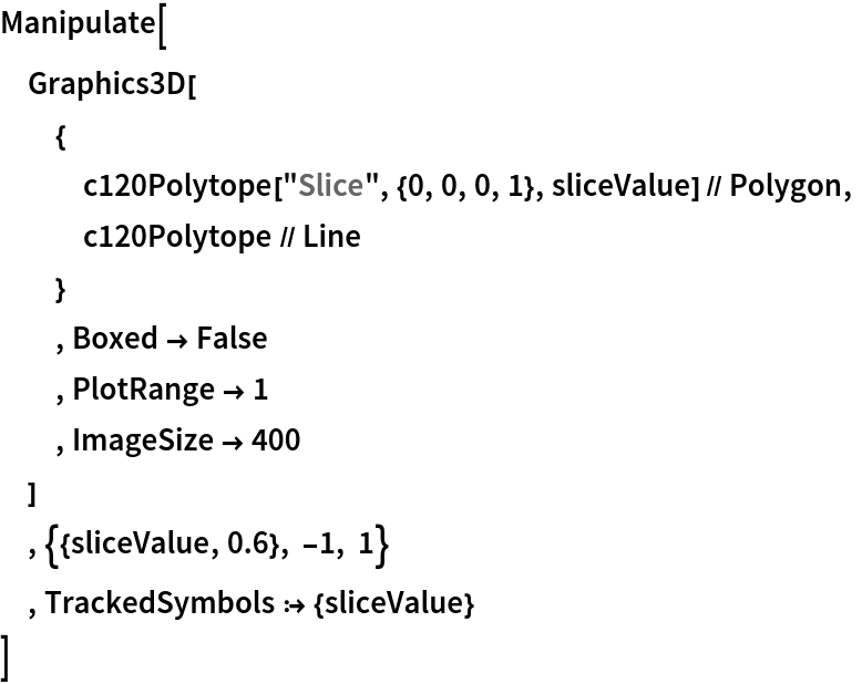 Manipulate[
 Graphics3D[
  {
   c120Polytope["Slice", {0, 0, 0, 1}, sliceValue] // Polygon,
   c120Polytope // Line
   }
  , Boxed -> False
  , PlotRange -> 1
  , ImageSize -> 400
  ]
 , {{sliceValue, 0.6}, -1, 1}
 , TrackedSymbols :> {sliceValue}
 ]