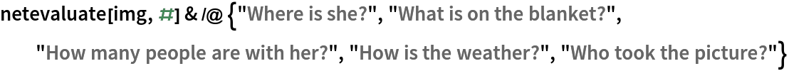 netevaluate[img, #] & /@ {"Where is she?", "What is on the blanket?", "How many people are with her?", "How is the weather?", "Who took the picture?"}