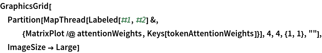 GraphicsGrid[
 Partition[
  MapThread[
   Labeled[#1, #2] &, {MatrixPlot /@ attentionWeights, Keys[tokenAttentionWeights]}], 4, 4, {1, 1}, ""], ImageSize -> Large]