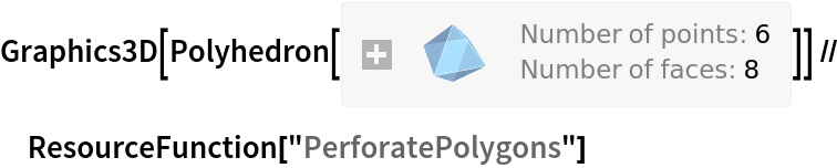 Graphics3D[
Polyhedron[{{0., 2^Rational[-1, 2], 0.}, {
    2^Rational[-1, 2], 0., 0.}, {
    0., -2^Rational[-1, 2], 0.}, {-2^Rational[-1, 2], 0., 0.}, {
    0., 0., 2^Rational[-1, 2]}, {0., 0., -2^Rational[-1, 2]}}, {{5, 2,
    1}, {5, 3, 2}, {5, 4, 3}, {4, 5, 1}, {2, 6, 1}, {2, 3, 6}, {4, 6, 3}, {1, 6, 4}}]] // ResourceFunction["PerforatePolygons"]