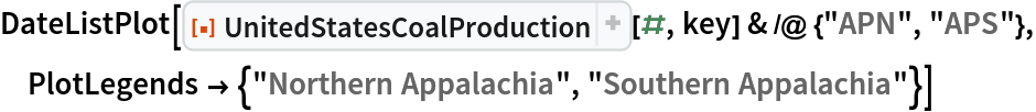 DateListPlot[
 ResourceFunction["UnitedStatesCoalProduction"][#, key] & /@ {"APN", "APS"}, PlotLegends -> {"Northern Appalachia", "Southern Appalachia"}]