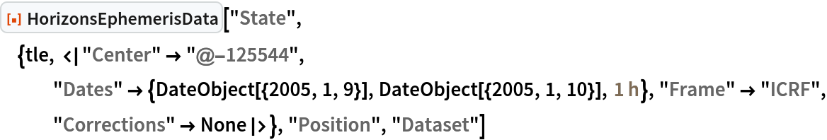 ResourceFunction["HorizonsEphemerisData", ResourceVersion->"1.0.0"]["State", {tle, <|"Center" -> "@-125544", "Dates" -> {DateObject[{2005, 1, 9}], DateObject[{2005, 1, 10}], Quantity[1, "Hours"]}, "Frame" -> "ICRF", "Corrections" -> None|>}, "Position", "Dataset"]