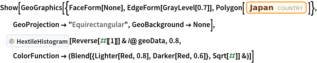 Show[GeoGraphics[{FaceForm[None], EdgeForm[GrayLevel[0.7]], Polygon[Entity["Country", "Japan"]]}, GeoProjection -> "Equirectangular", GeoBackground -> None], InterpretationBox[FrameBox[TagBox[TooltipBox[PaneBox[GridBox[List[List[GraphicsBox[List[Thickness[0.0025`], List[FaceForm[List[RGBColor[0.9607843137254902`, 0.5058823529411764`, 0.19607843137254902`], Opacity[1.`]]], FilledCurveBox[List[List[List[0, 2, 0], List[0, 1, 0], List[0, 1, 0], List[0, 1, 0], List[0, 1, 0]], List[List[0, 2, 0], List[0, 1, 0], List[0, 1, 0], List[0, 1, 0], List[0, 1, 0]], List[List[0, 2, 0], List[0, 1, 0], List[0, 1, 0], List[0, 1, 0], List[0, 1, 0], List[0, 1, 0]], List[List[0, 2, 0], List[1, 3, 3], List[0, 1, 0], List[1, 3, 3], List[0, 1, 0], List[1, 3, 3], List[0, 1, 0], List[1, 3, 3], List[1, 3, 3], List[0, 1, 0], List[1, 3, 3], List[0, 1, 0], List[1, 3, 3]]], List[List[List[205.`, 22.863691329956055`], List[205.`, 212.31669425964355`], List[246.01799774169922`, 235.99870109558105`], List[369.0710144042969`, 307.0436840057373`], List[369.0710144042969`, 117.59068870544434`], List[205.`, 22.863691329956055`]], List[List[30.928985595703125`, 307.0436840057373`], List[153.98200225830078`, 235.99870109558105`], List[195.`, 212.31669425964355`], List[195.`, 22.863691329956055`], List[30.928985595703125`, 117.59068870544434`], List[30.928985595703125`, 307.0436840057373`]], List[List[200.`, 410.42970085144043`], List[364.0710144042969`, 315.7036876678467`], List[241.01799774169922`, 244.65868949890137`], List[200.`, 220.97669792175293`], List[158.98200225830078`, 244.65868949890137`], List[35.928985595703125`, 315.7036876678467`], List[200.`, 410.42970085144043`]], List[List[376.5710144042969`, 320.03370475769043`], List[202.5`, 420.53370475769043`], List[200.95300006866455`, 421.42667961120605`], List[199.04699993133545`, 421.42667961120605`], List[197.5`, 420.53370475769043`], List[23.428985595703125`, 320.03370475769043`], List[21.882003784179688`, 319.1406993865967`], List[20.928985595703125`, 317.4896984100342`], List[20.928985595703125`, 315.7036876678467`], List[20.928985595703125`, 114.70369529724121`], List[20.928985595703125`, 112.91769218444824`], List[21.882003784179688`, 111.26669120788574`], List[23.428985595703125`, 110.37369346618652`], List[197.5`, 9.87369155883789`], List[198.27300024032593`, 9.426692008972168`], List[199.13700008392334`, 9.203690528869629`], List[200.`, 9.203690528869629`], List[200.86299991607666`, 9.203690528869629`], List[201.72699999809265`, 9.426692008972168`], List[202.5`, 9.87369155883789`], List[376.5710144042969`, 110.37369346618652`], List[378.1179962158203`, 111.26669120788574`], List[379.0710144042969`, 112.91769218444824`], List[379.0710144042969`, 114.70369529724121`], List[379.0710144042969`, 315.7036876678467`], List[379.0710144042969`, 317.4896984100342`], List[378.1179962158203`, 319.1406993865967`], List[376.5710144042969`, 320.03370475769043`]]]]], List[FaceForm[List[RGBColor[0.5529411764705883`, 0.6745098039215687`, 0.8117647058823529`], Opacity[1.`]]], FilledCurveBox[List[List[List[0, 2, 0], List[0, 1, 0], List[0, 1, 0], List[0, 1, 0]]], List[List[List[44.92900085449219`, 282.59088134765625`], List[181.00001525878906`, 204.0298843383789`], List[181.00001525878906`, 46.90887451171875`], List[44.92900085449219`, 125.46986389160156`], List[44.92900085449219`, 282.59088134765625`]]]]], List[FaceForm[List[RGBColor[0.6627450980392157`, 0.803921568627451`, 0.5686274509803921`], Opacity[1.`]]], FilledCurveBox[List[List[List[0, 2, 0], List[0, 1, 0], List[0, 1, 0], List[0, 1, 0]]], List[List[List[355.0710144042969`, 282.59088134765625`], List[355.0710144042969`, 125.46986389160156`], List[219.`, 46.90887451171875`], List[219.`, 204.0298843383789`], List[355.0710144042969`, 282.59088134765625`]]]]], List[FaceForm[List[RGBColor[0.6901960784313725`, 0.5882352941176471`, 0.8117647058823529`], Opacity[1.`]]], FilledCurveBox[List[List[List[0, 2, 0], List[0, 1, 0], List[0, 1, 0], List[0, 1, 0]]], List[List[List[200.`, 394.0606994628906`], List[336.0710144042969`, 315.4997024536133`], List[200.`, 236.93968200683594`], List[63.928985595703125`, 315.4997024536133`], List[200.`, 394.0606994628906`]]]]]], List[Rule[BaselinePosition, Scaled[0.15`]], Rule[ImageSize, 10], Rule[ImageSize, 15]]], StyleBox[RowBox[List["HextileHistogram", " "]], Rule[ShowAutoStyles, False], Rule[ShowStringCharacters, False], Rule[FontSize, Times[0.9`, Inherited]], Rule[FontColor, GrayLevel[0.1`]]]]], Rule[GridBoxSpacings, List[Rule["Columns", List[List[0.25`]]]]]], Rule[Alignment, List[Left, Baseline]], Rule[BaselinePosition, Baseline], Rule[FrameMargins, List[List[3, 0], List[0, 0]]], Rule[BaseStyle, List[Rule[LineSpacing, List[0, 0]], Rule[LineBreakWithin, False]]]], RowBox[List["PacletSymbol", "[", RowBox[List["\"AntonAntonov/TileStats\"", ",", "\"AntonAntonov`TileStats`HextileHistogram\""]], "]"]], Rule[TooltipStyle, List[Rule[ShowAutoStyles, True], Rule[ShowStringCharacters, True]]]], Function[Annotation[Slot[1], Style[Defer[PacletSymbol["AntonAntonov/TileStats", "AntonAntonov`TileStats`HextileHistogram"]], Rule[ShowStringCharacters, True]], "Tooltip"]]], Rule[Background, RGBColor[0.968`, 0.976`, 0.984`]], Rule[BaselinePosition, Baseline], Rule[DefaultBaseStyle, List[]], Rule[FrameMargins, List[List[0, 0], List[1, 1]]], Rule[FrameStyle, RGBColor[0.831`, 0.847`, 0.85`]], Rule[RoundingRadius, 4]], PacletSymbol["AntonAntonov/TileStats", "AntonAntonov`TileStats`HextileHistogram"], Rule[Selectable, False], Rule[SelectWithContents, True], Rule[BoxID, "PacletSymbolBox"]][
  Reverse[#[[1]]] & /@ geoData, 0.8, ColorFunction -> (Blend[{Lighter[Red, 0.8], Darker[Red, 0.6]}, Sqrt[#]] &)]]