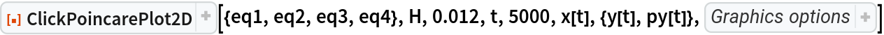 ResourceFunction[
 "ClickPoincarePlot2D"][{eq1, eq2, eq3, eq4}, H, 0.012, t, 5000, x[t], {y[t], py[t]}, {PlotStyle -> {{
AbsolutePointSize[1], 
GrayLevel[0], 
Opacity[0.4]}}, AspectRatio -> 1, PlotHighlighting -> None}]