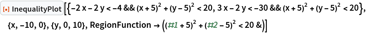 ResourceFunction[
 "InequalityPlot"][{-2 x - 2 y < -4 && (x + 5)^2 + (y - 5)^2 < 20, 3 x - 2 y < -30 && (x + 5)^2 + (y - 5)^2 < 20}, {x, -10, 0}, {y, 0, 10}, RegionFunction -> ((#1 + 5)^2 + (#2 - 5)^2 < 20 &)]