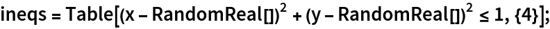 ineqs = Table[(x - RandomReal[])^2 + (y - RandomReal[])^2 <= 1, {4}];