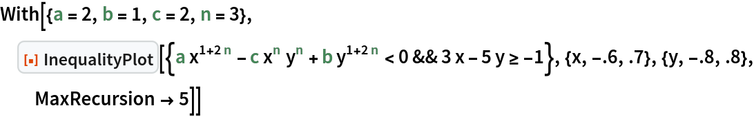 With[{a = 2, b = 1, c = 2, n = 3},
 ResourceFunction[
  "InequalityPlot"][{a x^(1 + 2 n) - c x^n y^n + b y^(1 + 2 n) < 0 && 3 x - 5 y >= -1}, {x, -.6, .7}, {y, -.8, .8}, MaxRecursion -> 5]]