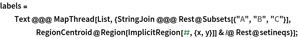 labels = Text @@@ MapThread[
    List, {StringJoin @@@ Rest@Subsets[{"A", "B", "C"}], RegionCentroid@Region[ImplicitRegion[#, {x, y}]] & /@ Rest@setineqs}];