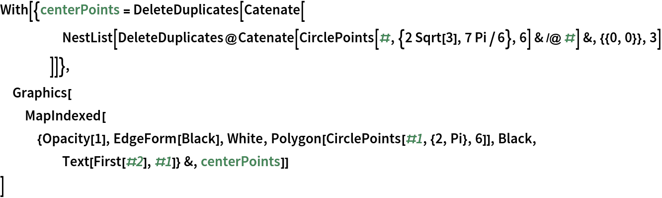 With[{centerPoints = DeleteDuplicates[Catenate[
     NestList[
      DeleteDuplicates@
        Catenate[
         CirclePoints[#, {2 Sqrt[3], 7 Pi/6}, 6] & /@ #] &, {{0, 0}}, 3]
     ]]},
 Graphics[
  MapIndexed[{Opacity[1], EdgeForm[Black], White, Polygon[CirclePoints[#1, {2, Pi}, 6]], Black, Text[First[#2], #1]} &, centerPoints]]
 ]