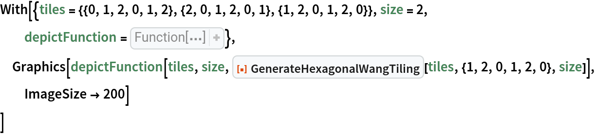 With[{tiles = {{0, 1, 2, 0, 1, 2}, {2, 0, 1, 2, 0, 1}, {1, 2, 0, 1, 2,
      0}}, size = 2, depictFunction = Function[{tiles, size, result}, 
Map[With[{pos = Mean[
Catenate[
Part[#, All, 1]]]}, {
MapApply[{
EdgeForm[LightGray], 
Opacity[0.9], #2, 
Polygon[{pos, 
Apply[Sequence, #]}]}& , #], {
EdgeForm[
Directive[Black]], 
Opacity[0], 
Polygon[
CirclePoints[pos, {2, Pi}, 6]]}}]& , 
MapThread[# -> Hue[#2/(Max[tiles] + 1)]& , {
Map[Partition[
CirclePoints[#, {2, Pi}, 6], 2, 1, 1]& , 
DeleteDuplicates[
Catenate[
NestList[DeleteDuplicates[
Catenate[
Map[CirclePoints[#, {2 Sqrt[3], 7 (Pi/6)}, 6]& , #]]]& , {{0, 0}}, size]]]], result}, 2]]]},
 Graphics[
  depictFunction[tiles, size, ResourceFunction["GenerateHexagonalWangTiling"][
    tiles, {1, 2, 0, 1, 2, 0}, size]], ImageSize -> 200]
 ]