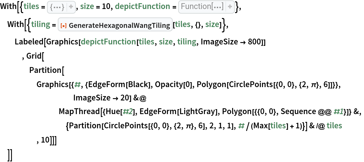 With[{tiles = CompressedData["
1:eJw1j8ENAzEIBDEYG2xTRPpIFSnhGkj/v8Be7mGNLI3Y3df1/VxMRO98Ix81
ll5Q6fmfKgYw0Nj67bhJOb4EDsC2DI4b0fbZ0tlrtil0HnibRmd7a0ZhxOkA
U0KIFSCdFmKkzcIza4/umbVP98o6fVXWGauy9lh5oPoAqw5Un7qTfepO9olQ
dA5F52B0TlRn4O/kvHJyOxyAH3SK3F6dc3t1rtH6ANu1dimcvINdDOcGsmrX
D9SMCUo=
"], size = 10, depictFunction = Function[{tiles, size, result}, 
Map[With[{pos = Mean[
Catenate[
Part[#, All, 1]]]}, {
MapApply[{
EdgeForm[LightGray], 
Opacity[0.9], #2, 
Polygon[{pos, 
Apply[Sequence, #]}]}& , #], {
EdgeForm[
Directive[Black]], 
Opacity[0], 
Polygon[
CirclePoints[pos, {2, Pi}, 6]]}}]& , 
MapThread[# -> Hue[#2/(Max[tiles] + 1)]& , {
Map[Partition[
CirclePoints[#, {2, Pi}, 6], 2, 1, 1]& , 
DeleteDuplicates[
Catenate[
NestList[DeleteDuplicates[
Catenate[
Map[CirclePoints[#, {2 Sqrt[3], 7 (Pi/6)}, 6]& , #]]]& , {{0, 0}}, size]]]], result}, 2]]]},
 With[{tiling = ResourceFunction["GenerateHexagonalWangTiling"][tiles, {}, size]},
  Labeled[
   Graphics[depictFunction[tiles, size, tiling, ImageSize -> 800]]
   , Grid[
    Partition[
     Graphics[{#, {EdgeForm[Black], Opacity[0], Polygon[CirclePoints[{0, 0}, {2, \[Pi]}, 6]]}}, ImageSize -> 20] &@
        MapThread[{Hue[#2], EdgeForm[LightGray], Polygon[{{0, 0}, Sequence @@ #1}]} &,
         {Partition[CirclePoints[{0, 0}, {2, \[Pi]}, 6], 2, 1, 1], #/(Max[tiles] + 1)}] & /@ tiles
     , 10]]]
  ]]