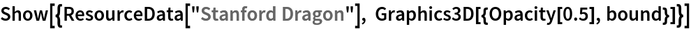 Show[{ResourceData[\!\(\*
TagBox["\"\<Stanford Dragon\>\"",
#& ,
BoxID -> "ResourceTag-Stanford Dragon-Input",
AutoDelete->True]\)], Graphics3D[{Opacity[0.5], bound}]}]