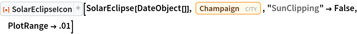 ResourceFunction[
 "SolarEclipseIcon", ResourceSystemBase -> "https://www.wolframcloud.com/obj/resourcesystem/api/1.0"][SolarEclipse[DateObject[]], Entity["City", {"Champaign", "Illinois", "UnitedStates"}], "SunClipping" -> False, PlotRange -> .01]