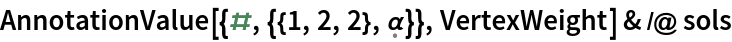 AnnotationValue[{#, {{1, 2, 2}, \[FormalAlpha]}}, VertexWeight] & /@ sols