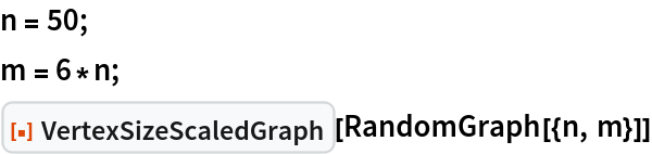 n = 50;
m = 6*n;
ResourceFunction["VertexSizeScaledGraph"][RandomGraph[{n, m}]]