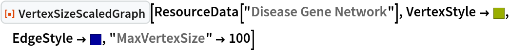 ResourceFunction["VertexSizeScaledGraph"][
 ResourceData["Disease Gene Network"], VertexStyle -> RGBColor[0.6, 0.68, 0], EdgeStyle -> RGBColor[0, 0, 0.61], "MaxVertexSize" -> 100]