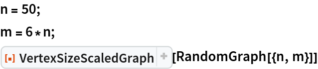 n = 50;
m = 6*n;
ResourceFunction["VertexSizeScaledGraph"][RandomGraph[{n, m}]]