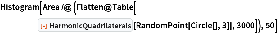 Histogram[Area /@ (Flatten@Table[
     ResourceFunction["HarmonicQuadrilaterals"][
      RandomPoint[Circle[], 3]], 3000]), 50]