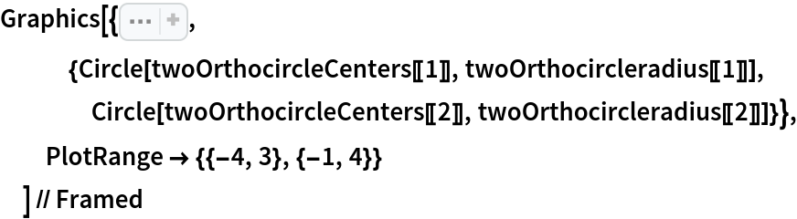 Graphics[{Sequence[{Dashed, 
TriangleConstruct[tri, "Circumcircle"]}, {Transparent, 
EdgeForm[Thick], 
Polygon[quad]}, {
RGBColor[0, 0, 1], 
HatchFilling[], 
EdgeForm[
RGBColor[0, 0, 1]], 
Triangle[tri]}],
   {Circle[twoOrthocircleCenters[[1]], twoOrthocircleradius[[1]]],
    Circle[twoOrthocircleCenters[[2]], twoOrthocircleradius[[2]]]}}, PlotRange -> {{-4, 3}, {-1, 4}}
  ] // Framed