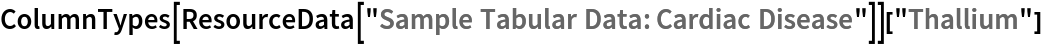 ColumnTypes[ResourceData[\!\(\*
TagBox["\"\<Sample Tabular Data: Cardiac Disease\>\"",
#& ,
BoxID -> "ResourceTag-Sample Tabular Data: Cardiac Disease-Input",
AutoDelete->True]\)]]["Thallium"]