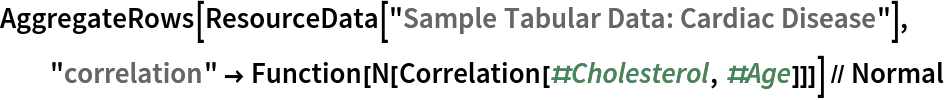 AggregateRows[ResourceData[\!\(\*
TagBox["\"\<Sample Tabular Data: Cardiac Disease\>\"",
#& ,
BoxID -> "ResourceTag-Sample Tabular Data: Cardiac Disease-Input",
AutoDelete->True]\)], "correlation" -> Function[N[Correlation[#Cholesterol, #Age]]]] // Normal