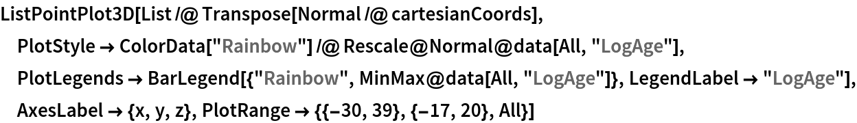 ListPointPlot3D[List /@ Transpose[Normal /@ cartesianCoords], PlotStyle -> ColorData["Rainbow"] /@ Rescale@Normal@data[All, "LogAge"], PlotLegends -> BarLegend[{"Rainbow", MinMax@data[All, "LogAge"]}, LegendLabel -> "LogAge"], AxesLabel -> {x, y, z}, PlotRange -> {{-30, 39}, {-17, 20}, All}]