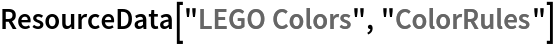 ResourceData[\!\(\*
TagBox["\"\<LEGO Colors\>\"",
#& ,
BoxID -> "ResourceTag-LEGO Colors-Input",
AutoDelete->True]\), "ColorRules"]