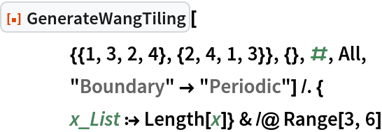 ResourceFunction["GenerateWangTiling"][
    {{1, 3, 2, 4}, {2, 4, 1, 3}}, {}, #, All,
    "Boundary" -> "Periodic"] /. {
    x_List :> Length[x]} & /@ Range[3, 6]