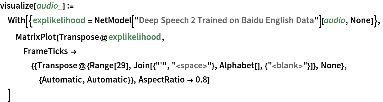 visualize[audio_] := With[{explikelihood = NetModel["Deep Speech 2 Trained on Baidu English Data"][audio, None]},
  MatrixPlot[Transpose@explikelihood, FrameTicks -> {{Transpose@{Range[29], Join[{"'", "<space>"}, Alphabet[], {"<blank>"}]}, None}, {Automatic, Automatic}}, AspectRatio -> 0.8]
  ]