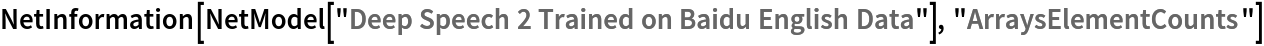 NetInformation[
 NetModel[
  "Deep Speech 2 Trained on Baidu English Data"], "ArraysElementCounts"]