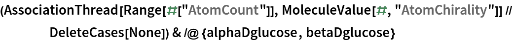 (AssociationThread[Range[#["AtomCount"]], MoleculeValue[#, "AtomChirality"]] // DeleteCases[None]) & /@ {alphaDglucose, betaDglucose}