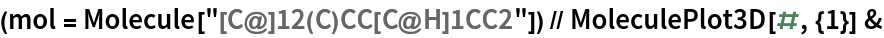 (mol = Molecule["[C@]12(C)CC[C@H]1CC2"]) // MoleculePlot3D[#, {1}] &