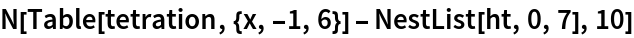 N[Table[tetration, {x, -1, 6}] - NestList[ht, 0, 7], 10]