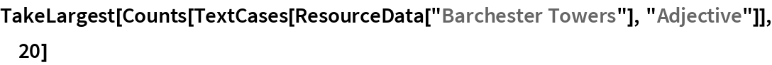 TakeLargest[
 Counts[TextCases[ResourceData["Barchester Towers"], "Adjective"]], 20]