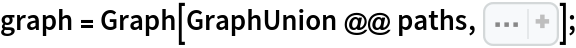 graph = Graph[GraphUnion @@ paths, Sequence[
   VertexLabels -> Placed["Name", Tooltip], GraphLayout -> "LayeredDigraphEmbedding"]];