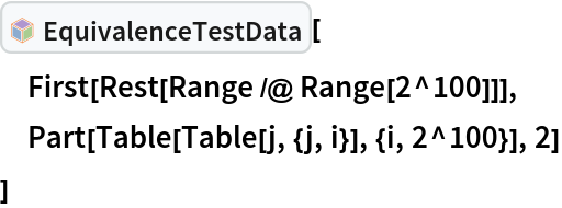 InterpretationBox[FrameBox[TagBox[TooltipBox[PaneBox[GridBox[List[List[GraphicsBox[List[Thickness[0.0025`], List[FaceForm[List[RGBColor[0.9607843137254902`, 0.5058823529411764`, 0.19607843137254902`], Opacity[1.`]]], FilledCurveBox[List[List[List[0, 2, 0], List[0, 1, 0], List[0, 1, 0], List[0, 1, 0], List[0, 1, 0]], List[List[0, 2, 0], List[0, 1, 0], List[0, 1, 0], List[0, 1, 0], List[0, 1, 0]], List[List[0, 2, 0], List[0, 1, 0], List[0, 1, 0], List[0, 1, 0], List[0, 1, 0], List[0, 1, 0]], List[List[0, 2, 0], List[1, 3, 3], List[0, 1, 0], List[1, 3, 3], List[0, 1, 0], List[1, 3, 3], List[0, 1, 0], List[1, 3, 3], List[1, 3, 3], List[0, 1, 0], List[1, 3, 3], List[0, 1, 0], List[1, 3, 3]]], List[List[List[205.`, 22.863691329956055`], List[205.`, 212.31669425964355`], List[246.01799774169922`, 235.99870109558105`], List[369.0710144042969`, 307.0436840057373`], List[369.0710144042969`, 117.59068870544434`], List[205.`, 22.863691329956055`]], List[List[30.928985595703125`, 307.0436840057373`], List[153.98200225830078`, 235.99870109558105`], List[195.`, 212.31669425964355`], List[195.`, 22.863691329956055`], List[30.928985595703125`, 117.59068870544434`], List[30.928985595703125`, 307.0436840057373`]], List[List[200.`, 410.42970085144043`], List[364.0710144042969`, 315.7036876678467`], List[241.01799774169922`, 244.65868949890137`], List[200.`, 220.97669792175293`], List[158.98200225830078`, 244.65868949890137`], List[35.928985595703125`, 315.7036876678467`], List[200.`, 410.42970085144043`]], List[List[376.5710144042969`, 320.03370475769043`], List[202.5`, 420.53370475769043`], List[200.95300006866455`, 421.42667961120605`], List[199.04699993133545`, 421.42667961120605`], List[197.5`, 420.53370475769043`], List[23.428985595703125`, 320.03370475769043`], List[21.882003784179688`, 319.1406993865967`], List[20.928985595703125`, 317.4896984100342`], List[20.928985595703125`, 315.7036876678467`], List[20.928985595703125`, 114.70369529724121`], List[20.928985595703125`, 112.91769218444824`], List[21.882003784179688`, 111.26669120788574`], List[23.428985595703125`, 110.37369346618652`], List[197.5`, 9.87369155883789`], List[198.27300024032593`, 9.426692008972168`], List[199.13700008392334`, 9.203690528869629`], List[200.`, 9.203690528869629`], List[200.86299991607666`, 9.203690528869629`], List[201.72699999809265`, 9.426692008972168`], List[202.5`, 9.87369155883789`], List[376.5710144042969`, 110.37369346618652`], List[378.1179962158203`, 111.26669120788574`], List[379.0710144042969`, 112.91769218444824`], List[379.0710144042969`, 114.70369529724121`], List[379.0710144042969`, 315.7036876678467`], List[379.0710144042969`, 317.4896984100342`], List[378.1179962158203`, 319.1406993865967`], List[376.5710144042969`, 320.03370475769043`]]]]], List[FaceForm[List[RGBColor[0.5529411764705883`, 0.6745098039215687`, 0.8117647058823529`], Opacity[1.`]]], FilledCurveBox[List[List[List[0, 2, 0], List[0, 1, 0], List[0, 1, 0], List[0, 1, 0]]], List[List[List[44.92900085449219`, 282.59088134765625`], List[181.00001525878906`, 204.0298843383789`], List[181.00001525878906`, 46.90887451171875`], List[44.92900085449219`, 125.46986389160156`], List[44.92900085449219`, 282.59088134765625`]]]]], List[FaceForm[List[RGBColor[0.6627450980392157`, 0.803921568627451`, 0.5686274509803921`], Opacity[1.`]]], FilledCurveBox[List[List[List[0, 2, 0], List[0, 1, 0], List[0, 1, 0], List[0, 1, 0]]], List[List[List[355.0710144042969`, 282.59088134765625`], List[355.0710144042969`, 125.46986389160156`], List[219.`, 46.90887451171875`], List[219.`, 204.0298843383789`], List[355.0710144042969`, 282.59088134765625`]]]]], List[FaceForm[List[RGBColor[0.6901960784313725`, 0.5882352941176471`, 0.8117647058823529`], Opacity[1.`]]], FilledCurveBox[List[List[List[0, 2, 0], List[0, 1, 0], List[0, 1, 0], List[0, 1, 0]]], List[List[List[200.`, 394.0606994628906`], List[336.0710144042969`, 315.4997024536133`], List[200.`, 236.93968200683594`], List[63.928985595703125`, 315.4997024536133`], List[200.`, 394.0606994628906`]]]]]], List[Rule[BaselinePosition, Scaled[0.15`]], Rule[ImageSize, 10], Rule[ImageSize, 15]]], StyleBox[RowBox[List["EquivalenceTestData", " "]], Rule[ShowAutoStyles, False], Rule[ShowStringCharacters, False], Rule[FontSize, Times[0.9`, Inherited]], Rule[FontColor, GrayLevel[0.1`]]]]], Rule[GridBoxSpacings, List[Rule["Columns", List[List[0.25`]]]]]], Rule[Alignment, List[Left, Baseline]], Rule[BaselinePosition, Baseline], Rule[FrameMargins, List[List[3, 0], List[0, 0]]], Rule[BaseStyle, List[Rule[LineSpacing, List[0, 0]], Rule[LineBreakWithin, False]]]], RowBox[List["PacletSymbol", "[", RowBox[List["\"Wolfram/CodeEquivalenceUtilities\"", ",", "\"Wolfram`CodeEquivalenceUtilities`EquivalenceTestData\""]], "]"]], Rule[TooltipStyle, List[Rule[ShowAutoStyles, True], Rule[ShowStringCharacters, True]]]], Function[Annotation[Slot[1], Style[Defer[PacletSymbol["Wolfram/CodeEquivalenceUtilities", "Wolfram`CodeEquivalenceUtilities`EquivalenceTestData"]], Rule[ShowStringCharacters, True]], "Tooltip"]]], Rule[Background, RGBColor[0.968`, 0.976`, 0.984`]], Rule[BaselinePosition, Baseline], Rule[DefaultBaseStyle, List[]], Rule[FrameMargins, List[List[0, 0], List[1, 1]]], Rule[FrameStyle, RGBColor[0.831`, 0.847`, 0.85`]], Rule[RoundingRadius, 4]], PacletSymbol["Wolfram/CodeEquivalenceUtilities", "Wolfram`CodeEquivalenceUtilities`EquivalenceTestData"], Rule[Selectable, False], Rule[SelectWithContents, True], Rule[BoxID, "PacletSymbolBox"]][
 First[Rest[Range /@ Range[2^100]]],
 Part[Table[Table[j, {j, i}], {i, 2^100}], 2]
 ]