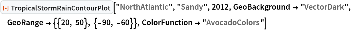 ResourceFunction["TropicalStormRainContourPlot", ResourceVersion->"1.0.0"]["NorthAtlantic", "Sandy", 2012, GeoBackground -> "VectorDark", GeoRange -> {{20, 50}, {-90, -60}}, ColorFunction -> "AvocadoColors"]