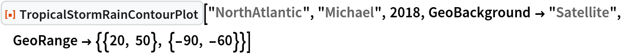 ResourceFunction["TropicalStormRainContourPlot", ResourceVersion->"1.0.0"]["NorthAtlantic", "Michael", 2018, GeoBackground -> "Satellite", GeoRange -> {{20, 50}, {-90, -60}}]