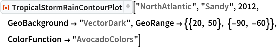 ResourceFunction[
 "TropicalStormRainContourPlot"]["NorthAtlantic", "Sandy", 2012, GeoBackground -> "VectorDark", GeoRange -> {{20, 50}, {-90, -60}}, ColorFunction -> "AvocadoColors"]