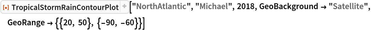 ResourceFunction[
 "TropicalStormRainContourPlot"]["NorthAtlantic", "Michael", 2018, GeoBackground -> "Satellite", GeoRange -> {{20, 50}, {-90, -60}}]