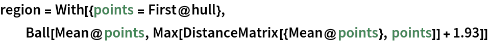 region = With[{points = First@hull}, Ball[Mean@points, Max[DistanceMatrix[{Mean@points}, points]] + 1.93]]