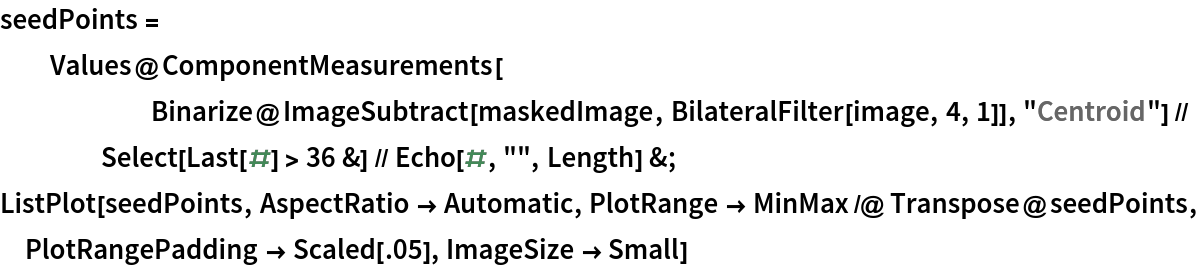 seedPoints = Values@ComponentMeasurements[
      Binarize@
       ImageSubtract[maskedImage, BilateralFilter[image, 4, 1]], "Centroid"] // Select[Last[#] > 36 &] // Echo[#, "", Length] &;
ListPlot[seedPoints, AspectRatio -> Automatic, PlotRange -> MinMax /@ Transpose@seedPoints, PlotRangePadding -> Scaled[.05], ImageSize -> Small]