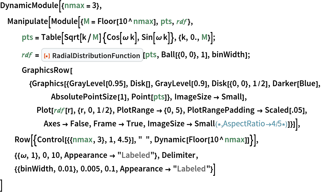 DynamicModule[{nmax = 3},
 Manipulate[
  Module[{M = Floor[10^nmax], pts, \[ScriptR]\[ScriptD]\[ScriptF]}, pts = Table[
     Sqrt[k/M] {Cos[\[Omega] k], Sin[\[Omega] k]}, {k, 0., M}];
   \[ScriptR]\[ScriptD]\[ScriptF] = ResourceFunction["RadialDistributionFunction"][pts, Ball[{0, 0}, 1], binWidth];
   GraphicsRow[{Graphics[{GrayLevel[0.95], Disk[], GrayLevel[0.9], Disk[{0, 0}, 1/2], Darker[Blue], AbsolutePointSize[1], Point[pts]}, ImageSize -> Small], Plot[\[ScriptR]\[ScriptD]\[ScriptF][r], {r, 0, 1/2}, PlotRange -> {0, 5}, PlotRangePadding -> Scaled[.05], Axes -> False, Frame -> True, ImageSize -> Small(*,AspectRatio->
      4/5*)]}]], Row[{Control[{{nmax, 3}, 1, 4.5}], "  ", Dynamic[Floor[10^nmax]]}], {{\[Omega], 1}, 0, 10, Appearance -> "Labeled"}, Delimiter, {{binWidth, 0.01}, 0.005, 0.1, Appearance -> "Labeled"}]
 ]