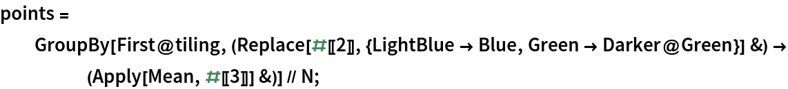 points = GroupBy[First@
     tiling, (Replace[#[[2]], {LightBlue -> Blue, Green -> Darker@Green}] &) -> (Apply[Mean, #[[3]]] &)] // N;